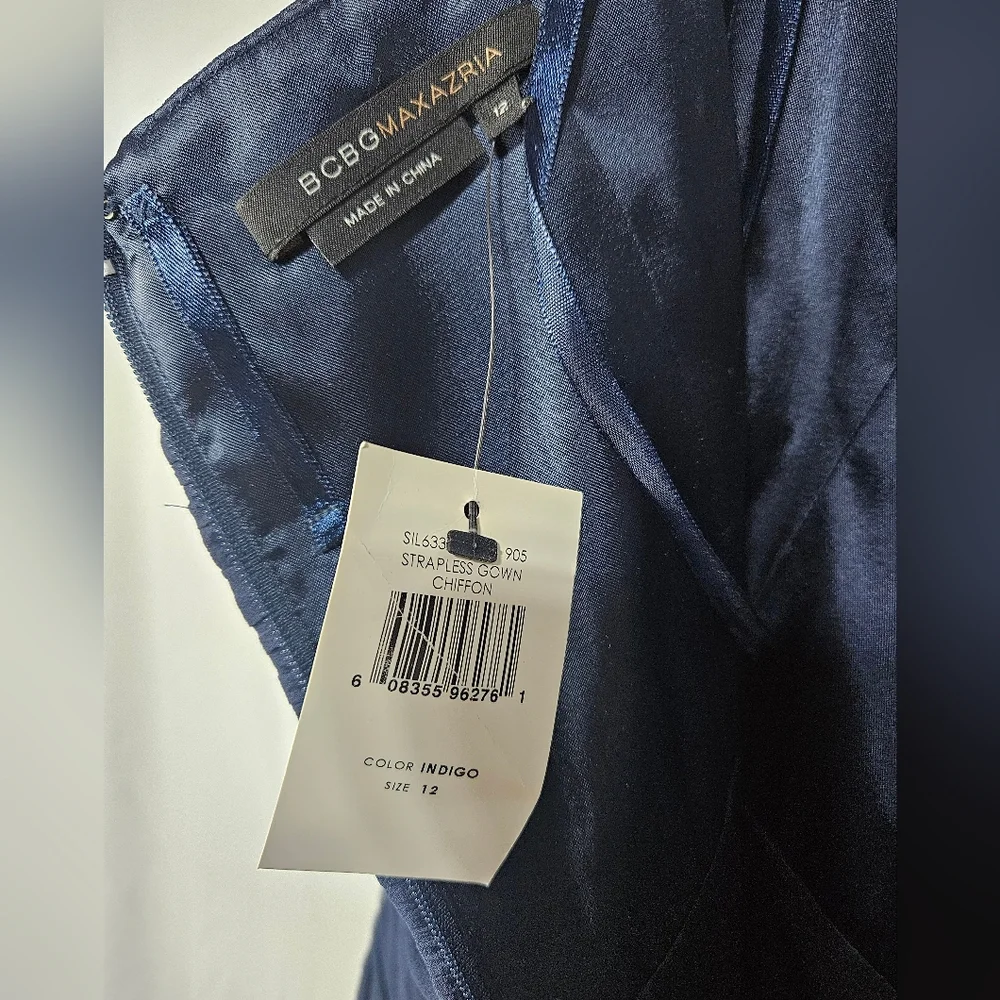 BCBG Max Azria Strapless Chiffon Gown Indigo Blue Pleated Maxi Dress Size 12 NWT - Picture 6 of 8